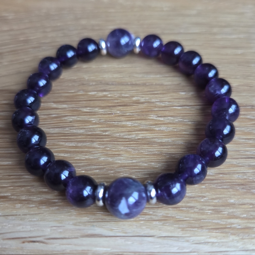 Amethyst Beads Stretch Bracelet - Hand Crafted - Picture 5 of 13